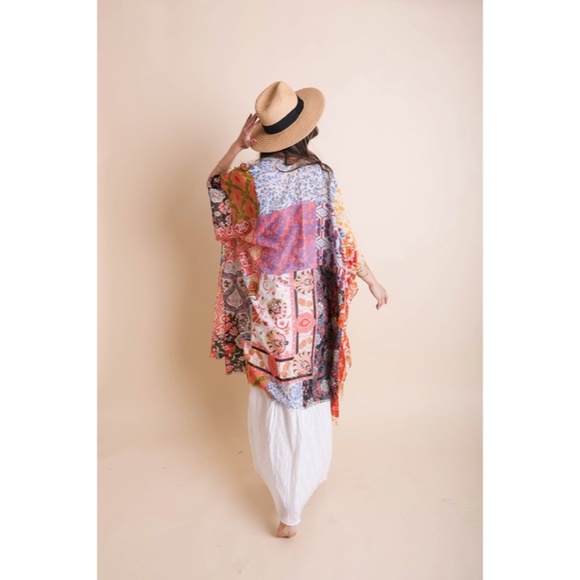SOLD OUT Sky Blue Boho Patchwork Floral Bohemian Kimono Wrap Coverup Open Top - Picture 4 of 4